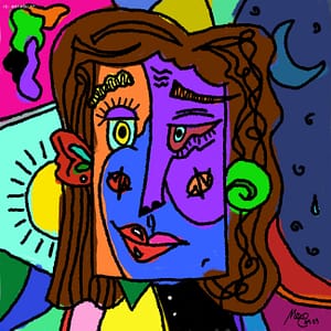 a pablo picasso inspired digital illustration / painting of a woman displaying both happiness and sadness // mask depression